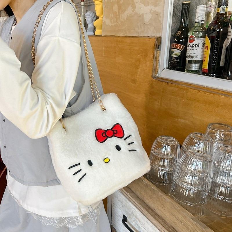 Furry kitten bucket bag chain hand carry drawstring bag new personalized cartoon shoulder messenger bag gift