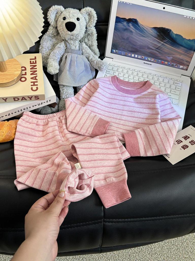300g Kids' Striped Thermal Set: Pure Cotton Thickened Top & Bottom for Boys & Girls, Autumn/Winter Home Wear.