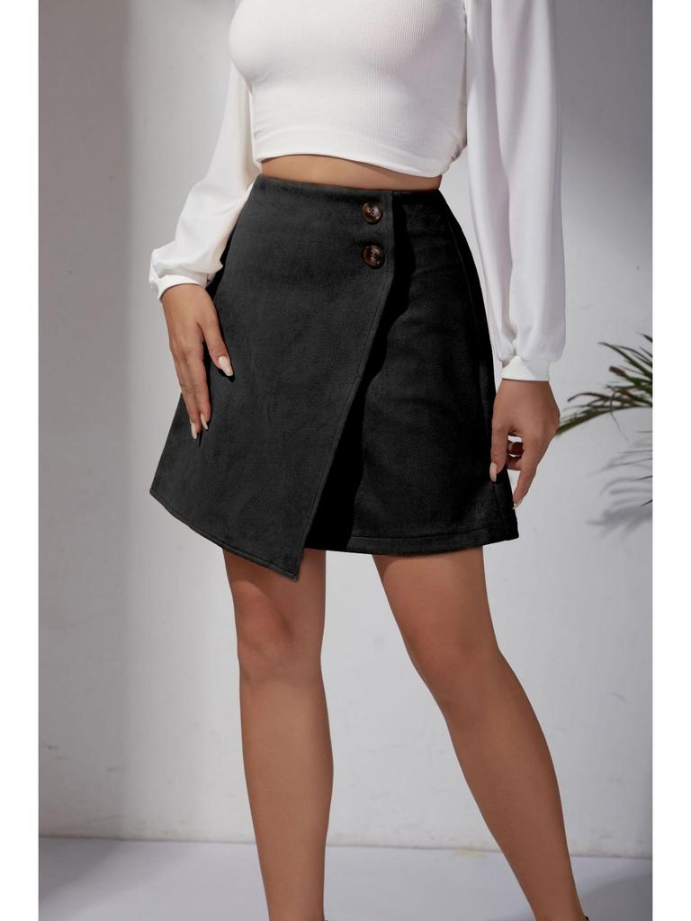 Suede Irregular Skirt Solid Color High-waisted Zipper Button Skirt Women