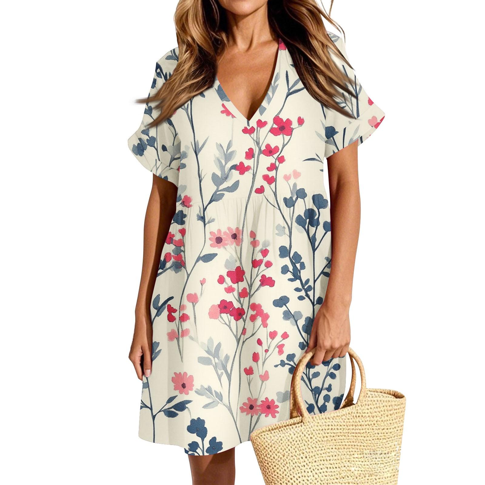 

Женское повседневное модное платье с винтажным цветочным принтом и коротким рукавом и V-образным вырезом XXL бежевый