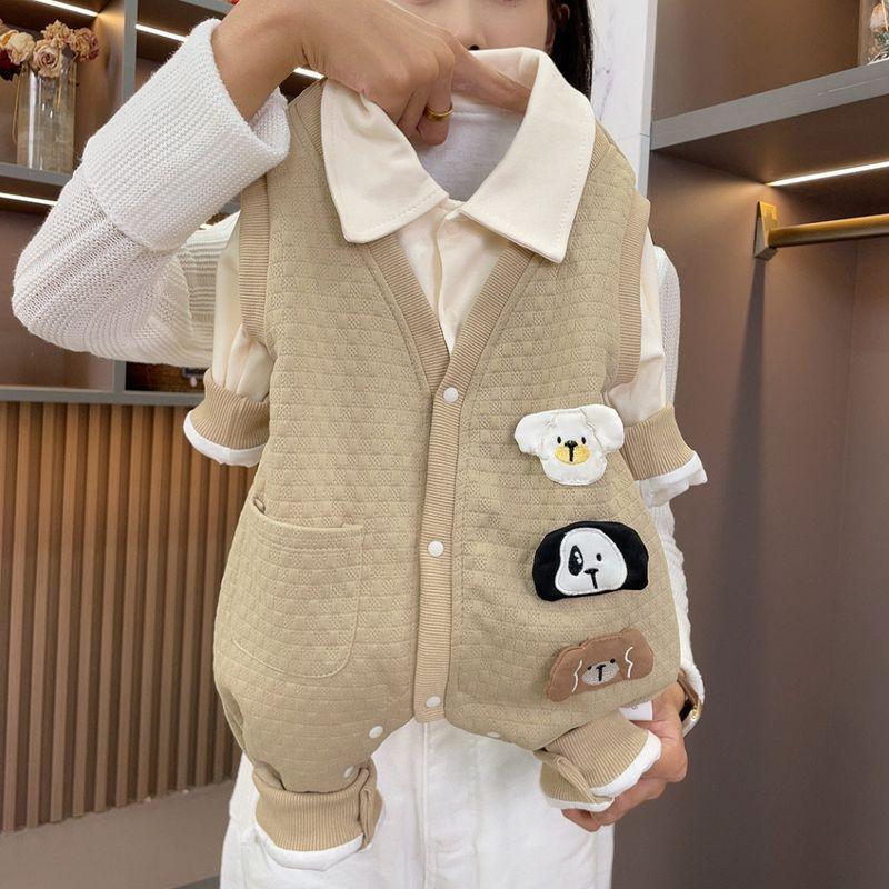 

Spring and Autumn Style Three-Dog Design Fake Two-Piece Long-Sleeve Romper for Boys and Girls, Double-Layer Cute Infant Romper Picture color 66