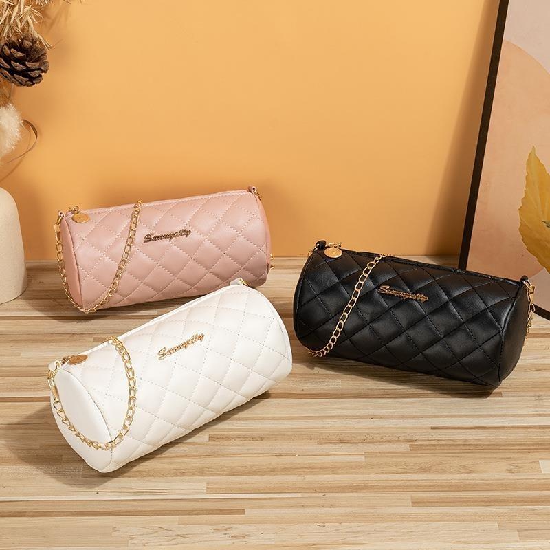 Summer new trend women's bags cylindrical messenger bags embroidered rhombus chain bags