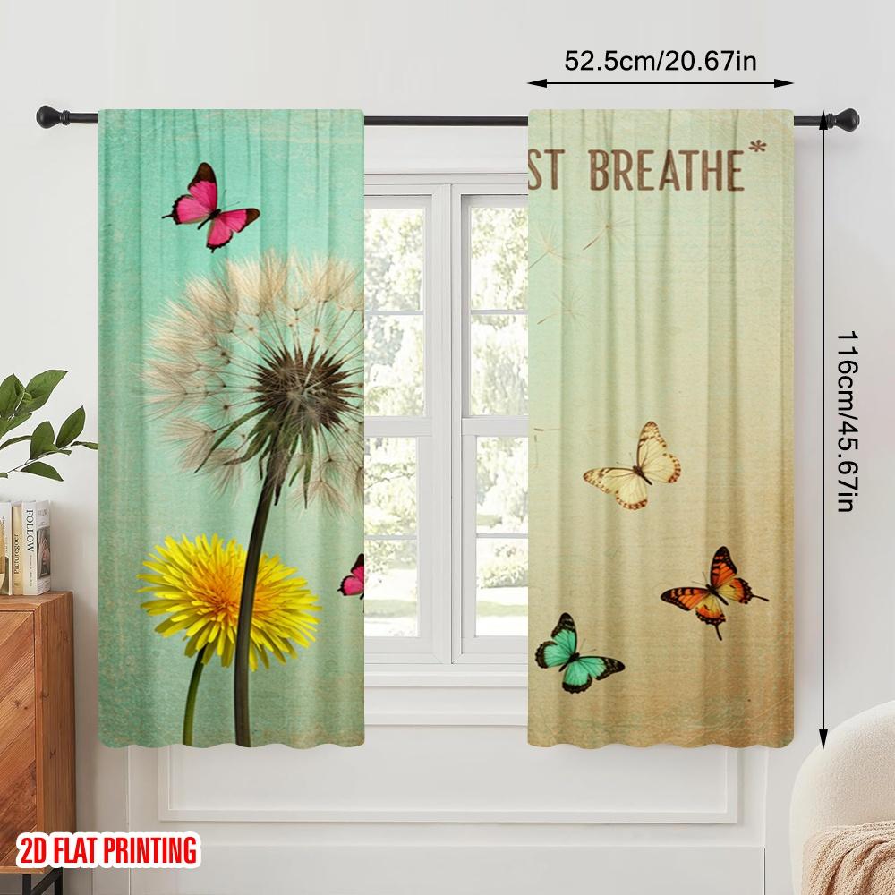 2 Stück 2D Flachdruck Vorhang Löwenzahn Schmetterling Einfach Atmen Polyesterstoff Ohne Strom 0 Verwendung für Innen
