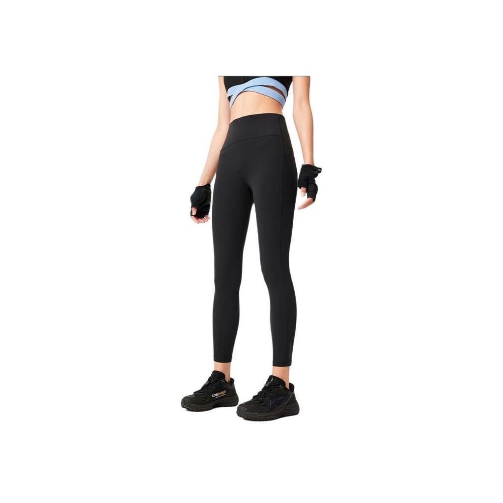 Li Ning Fitness Series Solid Color Mid Waist Versatile Breathable Sports Long Pants Women bottoms Black AULV040-3