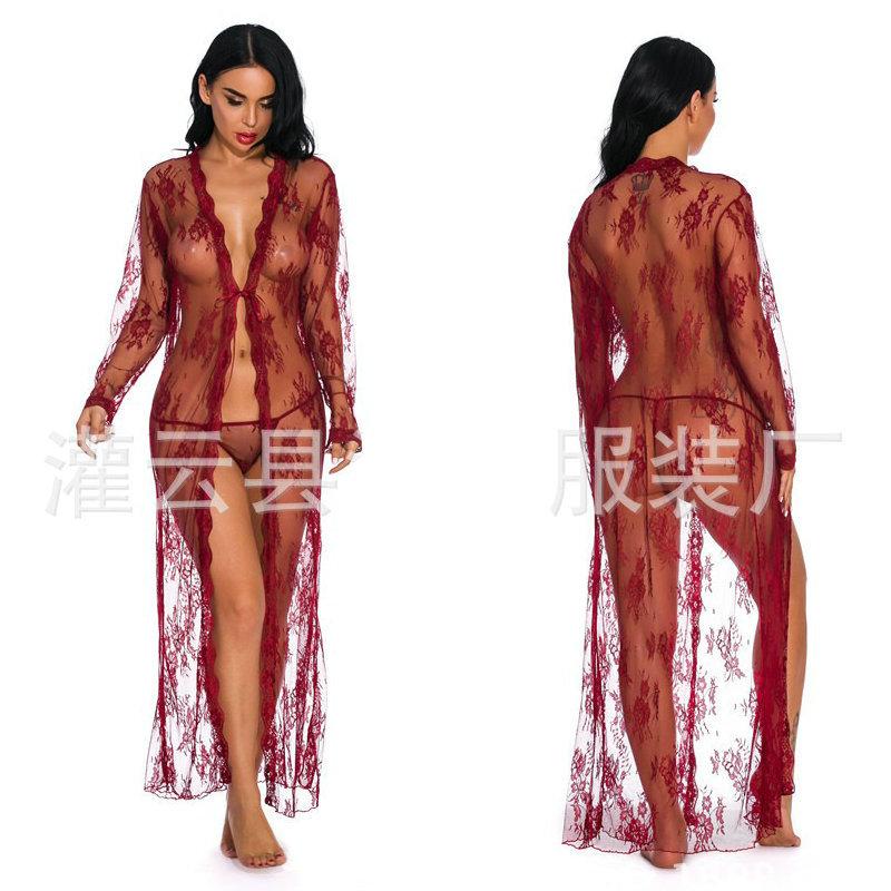 Sex underwear Sexy lace perspective long-sleeved nightgown large size black cardigan long skirt perspective