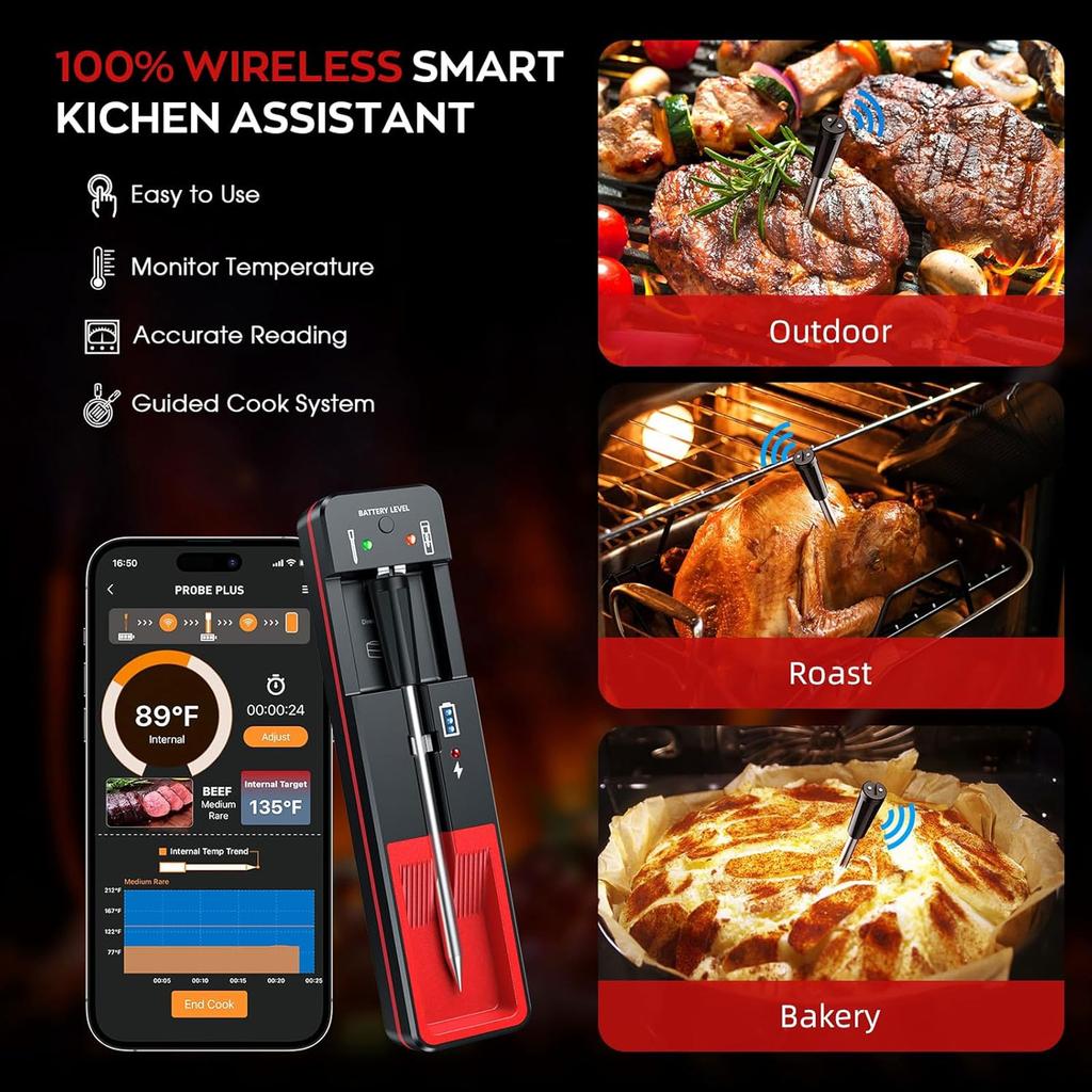 Thermomètre à viande sans fil avec Bluetooth, portée de 360 pieds, thermomètre à viande intelligent pour four, barbecue, grill, cuisine, fumoir, sous vide
