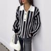2025 Autumn and Winter New Retro Striped Sweater Lapel Versatile Pullover Sweater for Women