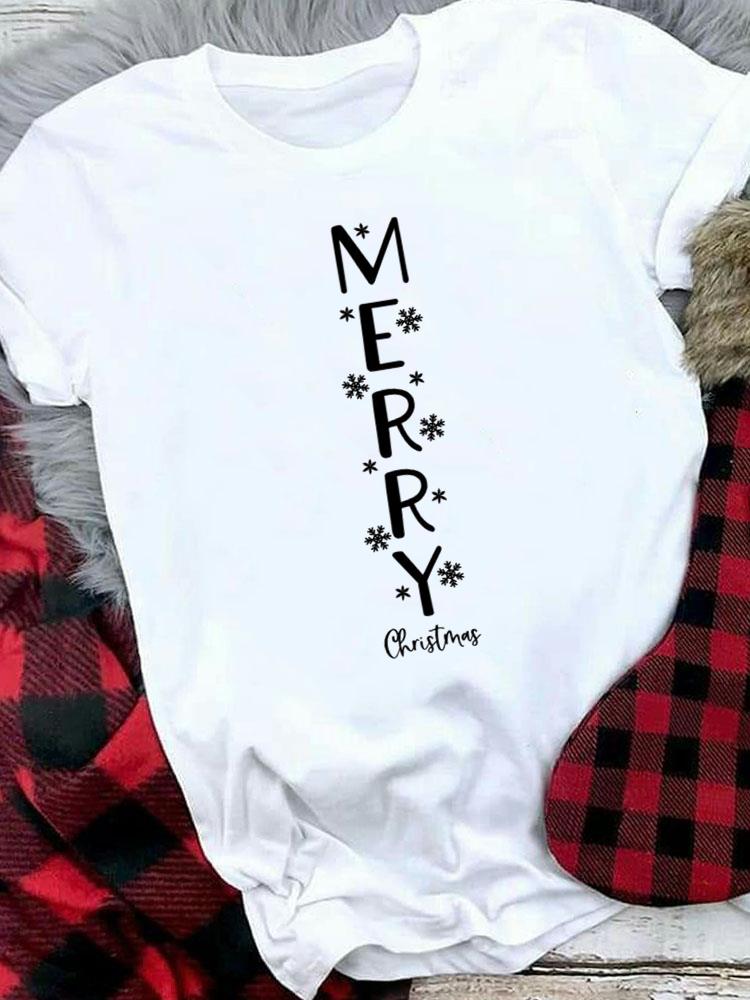 (Asian Size) Tree Lovely Letter Style Women Holiday Print Tee Top Festival Merry Christmas New Year Casual  Lady Short Sleeve Fashion Graphic T-shirts