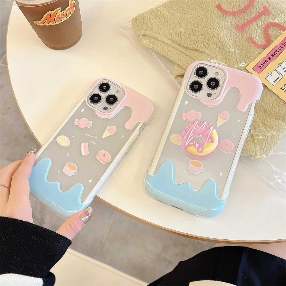 Koreanische Sommer Eis Donut Halterung Klare Weiche Telefon Fall Für Iphone 14 12 11 13 Pro Xr X Xs max Halter Nette Schutzhülle