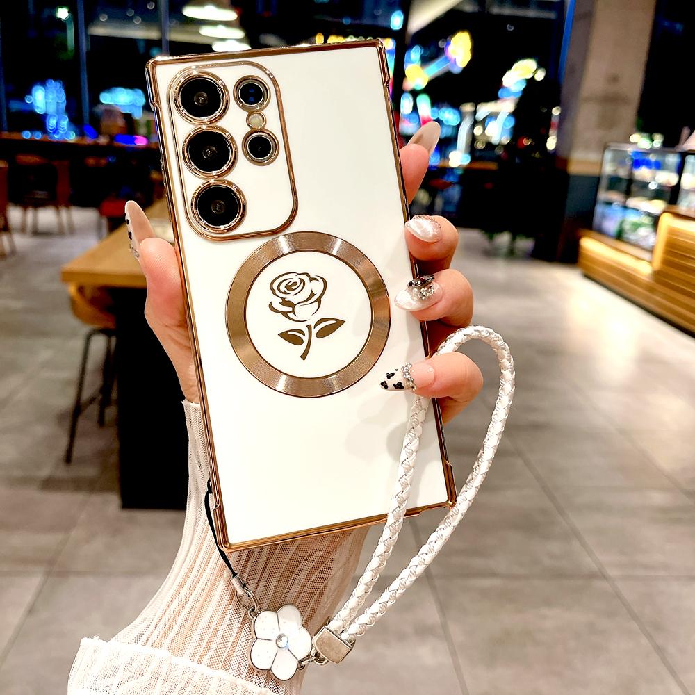 Plating Soft TPU Rose Case For For Samsung Galaxy S26 S25 S24 S23 S22 S21 Ultra Plus S25Ultra Magsafe Charge Cover Lanyard Bracelet