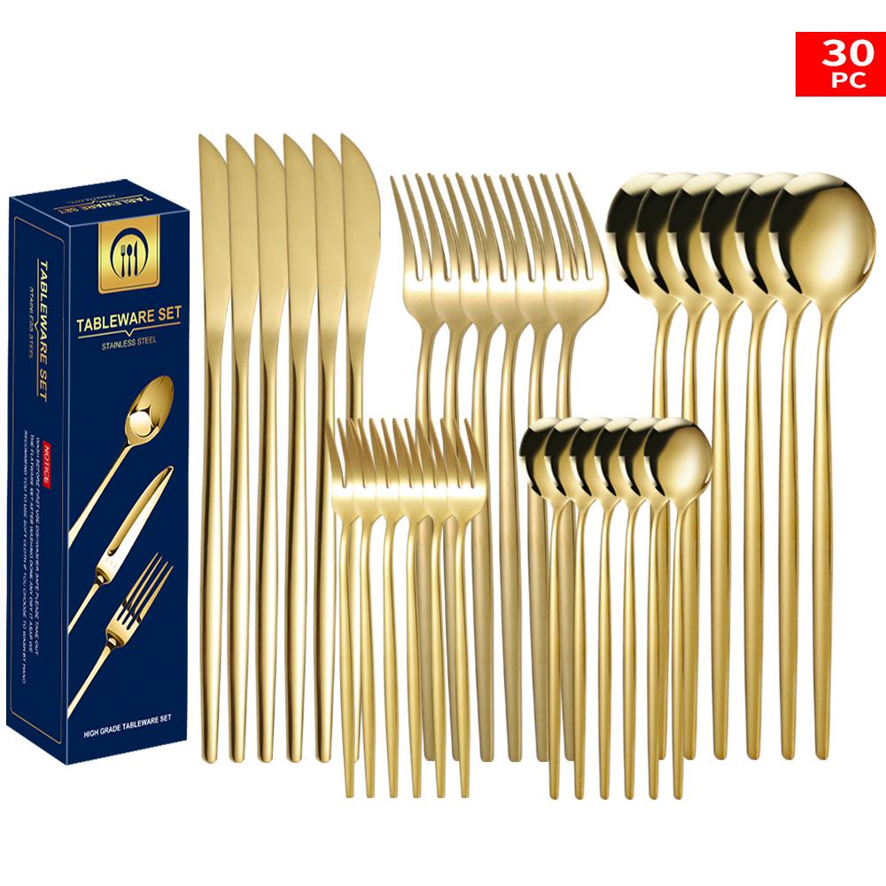 Set tacâmuri din oțel inoxidabil Portugal Gold, 24 de piese: Cuțit de Steak, Furculiță, Lingură de Hotel în Cutie Cadou