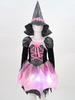4Pcs Kids Girls Halloween Witch Costume Carnival Cosplay Fancy Dress Outfit Long Sleeve Sparkling Dress With Pointed Hat Wand Candy Bag Set