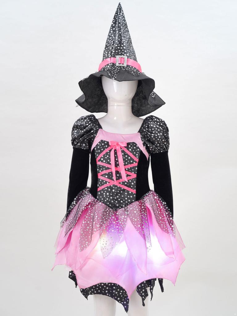4Pcs Kids Girls Halloween Witch Costume Carnival Cosplay Fancy Dress Outfit Long Sleeve Sparkling Dress With Pointed Hat Wand Candy Bag Set