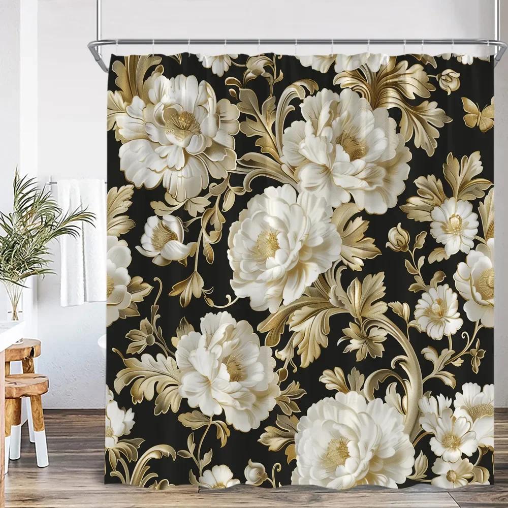 Vintage Floral Shower Curtain Plant Butterfly Floral Bathroom Curtain Decorative Polyester Bathtub Curtain With Hook