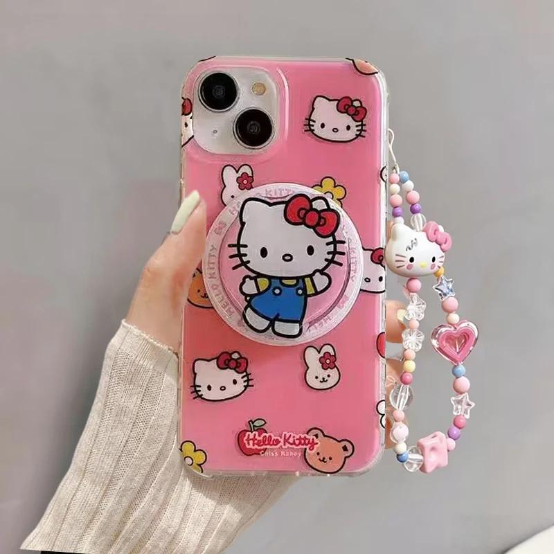 Magnetic Wireless Charging Hello Kitty Bracket Chain Case For Iphone 15 14 13 12 11 Pro Max 13 MINI XR XS Max 7 8 Plus SE Casing