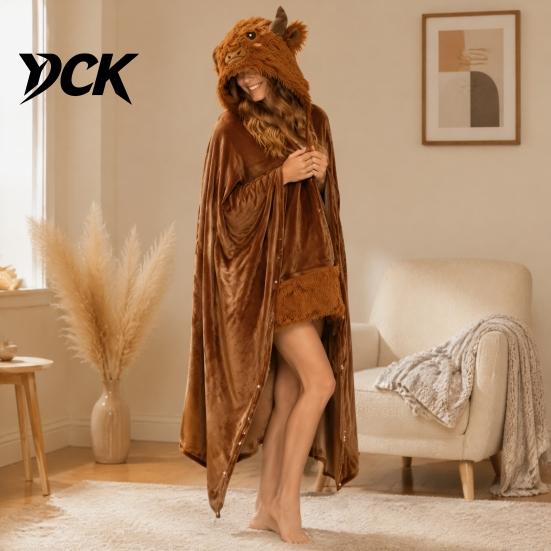 Langarm-Plüschdecke Tier-Tragbarer Hoodie für Damen, Übergroßes Flanell-Sweatshirt Weiche Loungewear-Decke, Knopfleiste Cosplay-Umhang Nachtwäsche