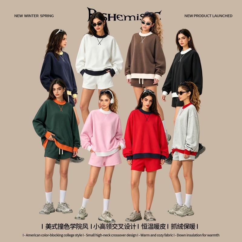 RS Womens 350G Fleece Color Block Mock Neck Sweatshirt Warm Fall American Style Casual Top