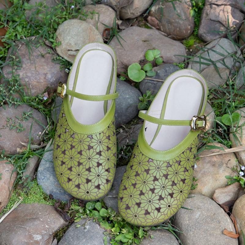 Johnature Genuine Leather Hollow-out Breathable Flat Slippers Soft Soled Versatile Women's Slip-on Shoes