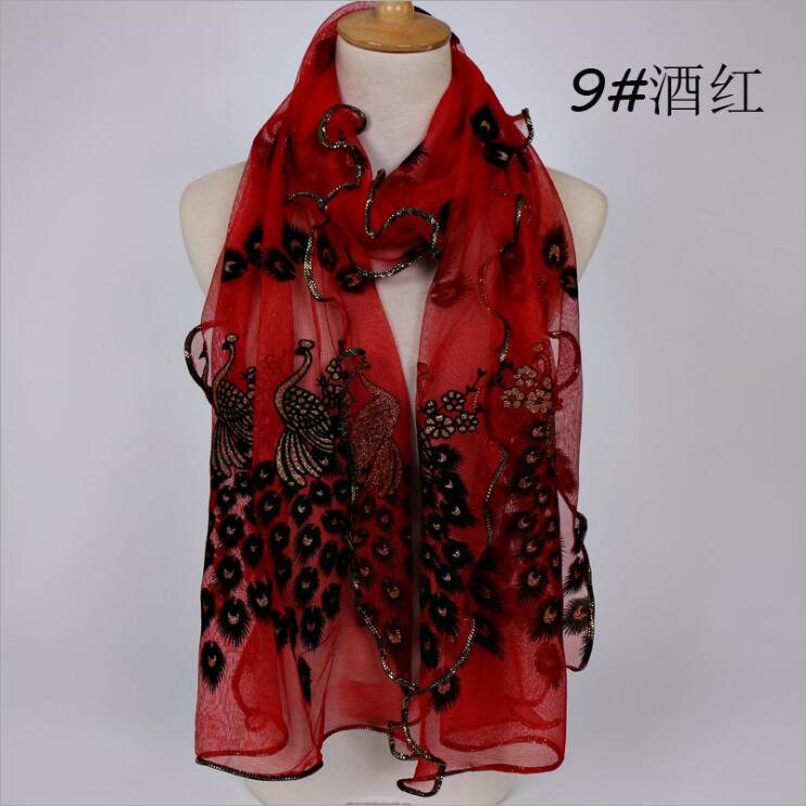 Women Chiffon Neck Scarf Flower Peacock Embroidered Lace Scarf Femmes Silk Long Soft Elegant Shawl New Spring Muffler Scarves