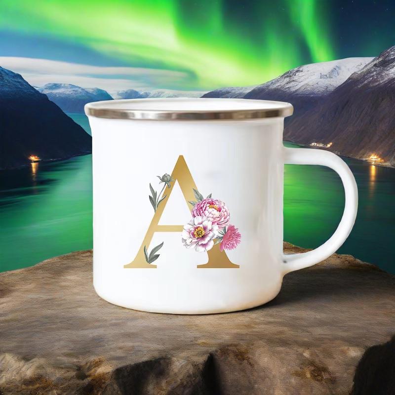 Letter Floral Print Vintage Enamel Mugs Creative Coffee Tea Cup Drink Dessert Milk Cups Handle Drinkware Wedding Bridesmaid Gift