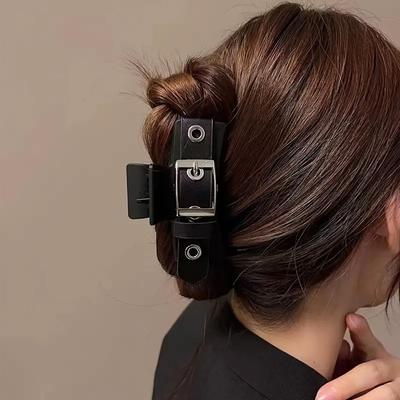 New Black Leather Strap Square Novelty Hair Claw Punk Style Y2K Hair Accessories for Women Cool Shark Clip Unique Hair Clip