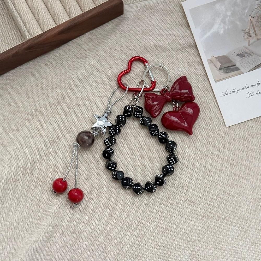 Cute Red Heart Cherry Design Beaded Keychain Creative Bow Bead Handbag Decor Luxury Keychain Pendant Bag Accessories