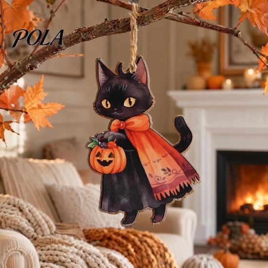 Vintage Wooden Witch Cat Pendant Halloween Hanging Ornament, Decorative Pendant, Black Wood Chips Cute Holiday Party Favors for Tree And Window Decor