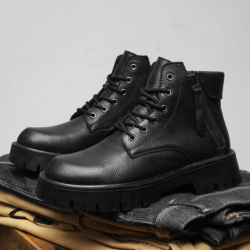 New Luxury Brand Black Men Genuine Leather Boots Fashion Lightweight Biker Boots Men Comfy Casual Outdoor Antiskid Ankle Boots