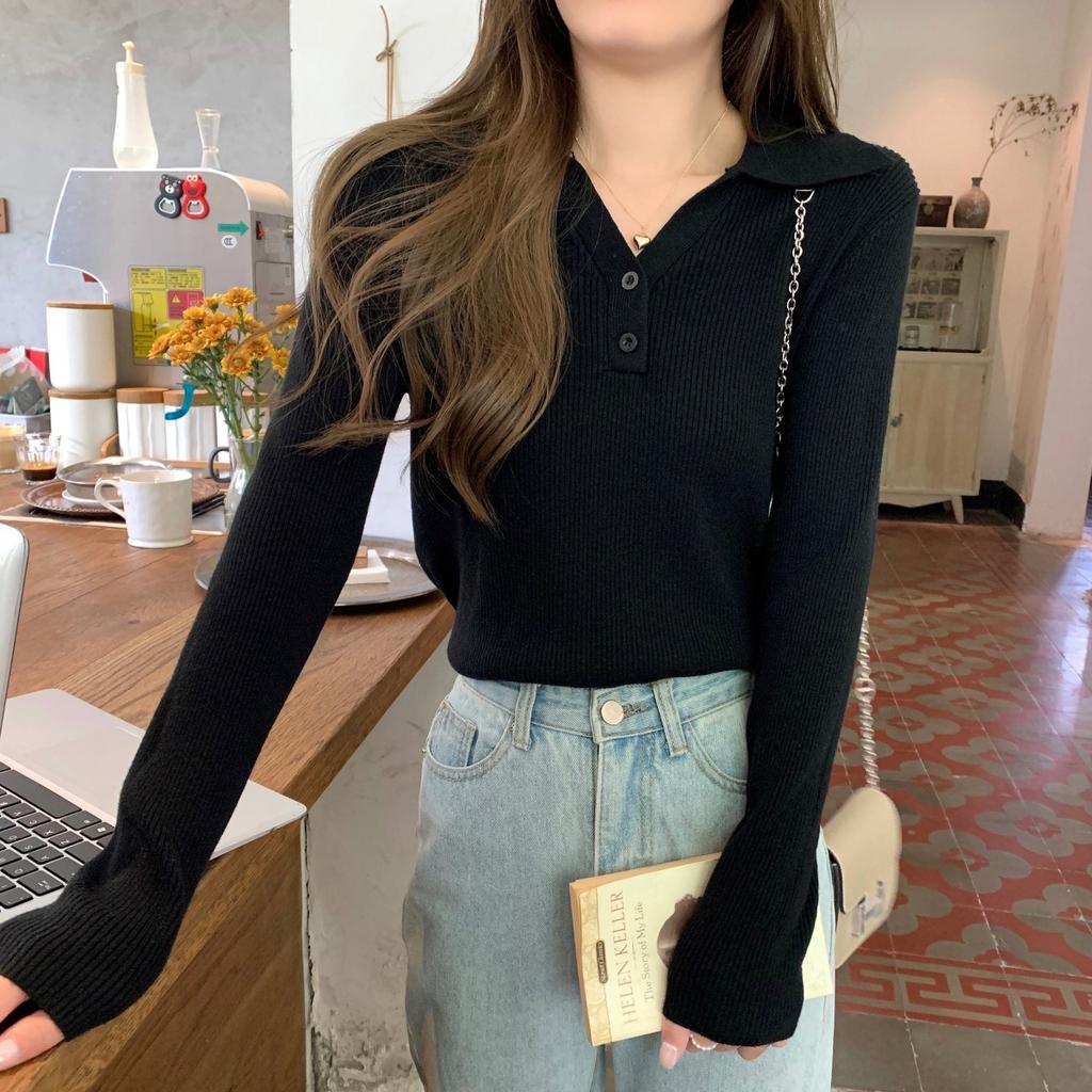 Casual Women Pullover Knit Sweater Lapel Long Sleeve Slim Fit Top Autumn Winter Solid Color Simple Sweaters Elegant Basic Clothing
