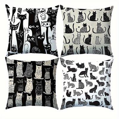 Home Decor Black And White Cat Pattern Pillow Covers Pattern Cushion Cover Suitable For Sofa Bedroom Car Pillow Cover