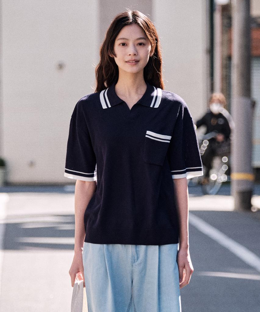 Stico Diems Contrast Tip Open Collar Knit Navy (Oversized)_Lktwb61Osn