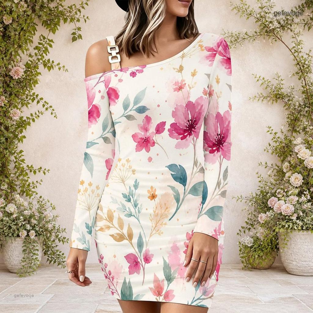 Ladies Plus Size Asymmetric Diagonal Shoulder Long Sleeve Dress
