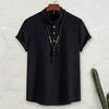 Men Shirt Stand Collar Buttons Neckline Solid Color Short Sleeves Pullover Casual Wear Cotton Linen Male Tops Summer Fashion T-shirt Commuter Wear