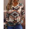 Azteken-Print Langarm-T-Shirt, Western-Stil V-Ausschnitt Ethnisches T-Shirt, Damenbekleidung
