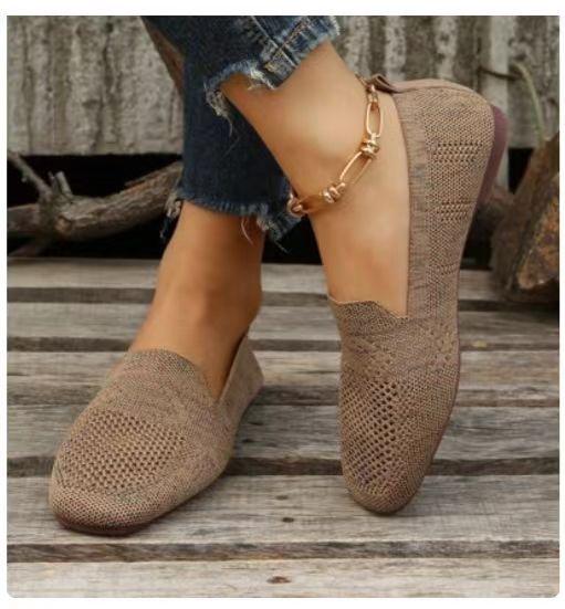 2024 NEW Solid Color Square Toe Mesh Loafers Shallow Women Flats Shoes Soft Bottom Knit Flats Mesh Shoes Casual Slip On Boat Shoes