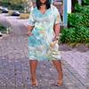 Women's Summer Plus Size V-neck Short Sleeve Print Knee Pocket Casual Dress