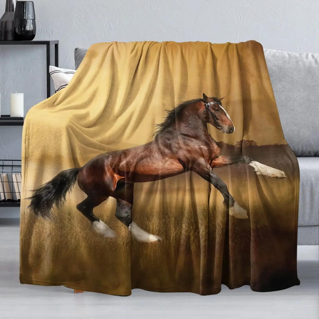 Horses Blankets Coral Fleece Plush Summer Nature Wild Animals Portable Lightweight Throw Blankets for Home Car Bedspreads