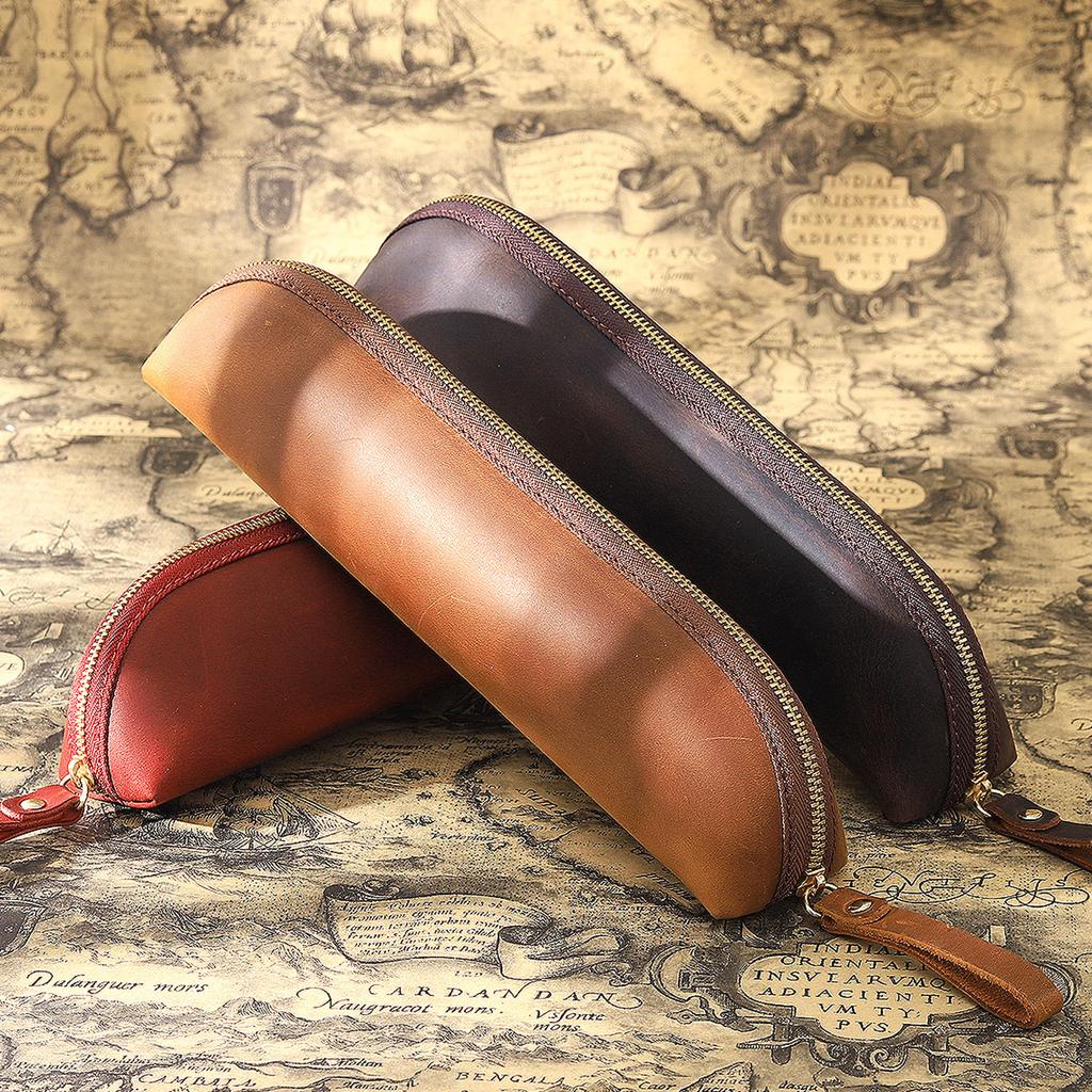 High Quality Creative Mini Pencil Box Small Crazy Horse Leather Zipper Easy Open Pen Holder Compact Pocket Pencil Case Custom