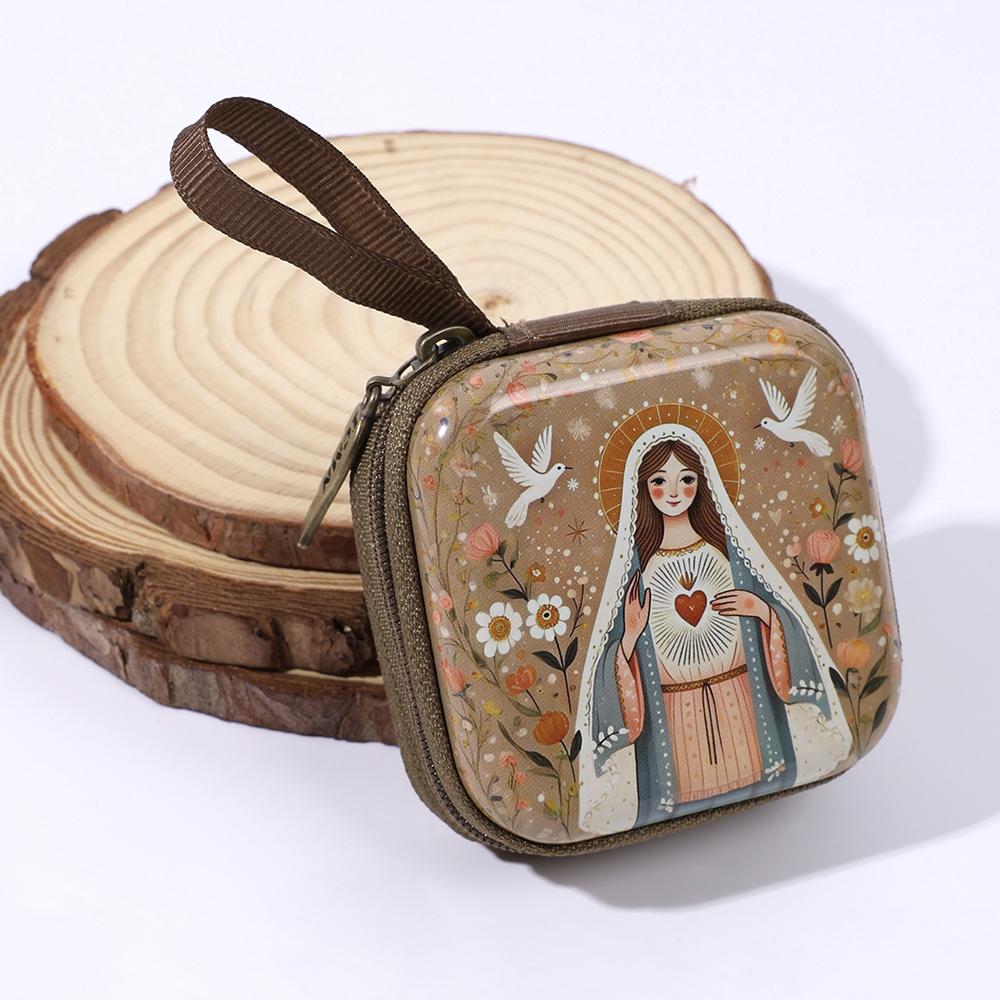 Vintage Christian Square Rosary Box with Zipper Religious Artwork,Lightweight Metal Organizer for Prayer Bead,Inspirational Gift