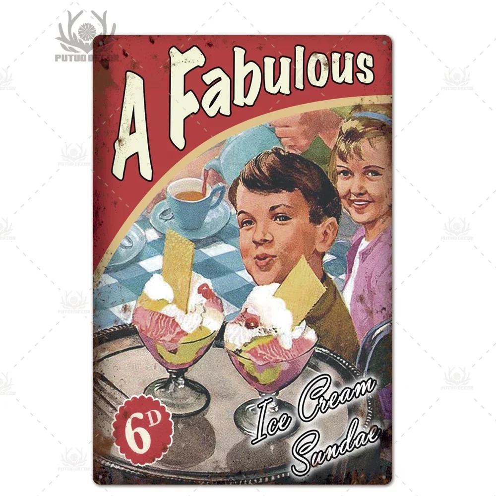 Putuo Decor Ice Cream Tin Sign Plaque Metal Plate Vintage Ice Lolly Retro Wall Art Poster for Dessert Shop Iron Painting