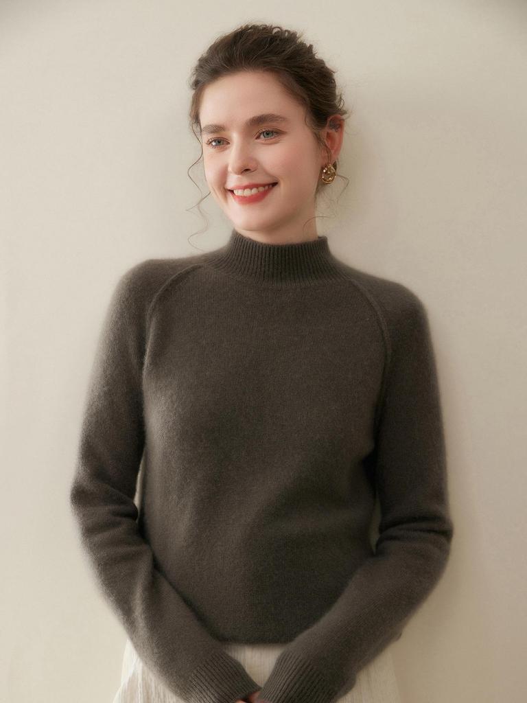 Women's Cashmere Knit Drop Shoulder Sweater - Half-High Collar, Long Sleeve, Warm & Versatile Inner Wear