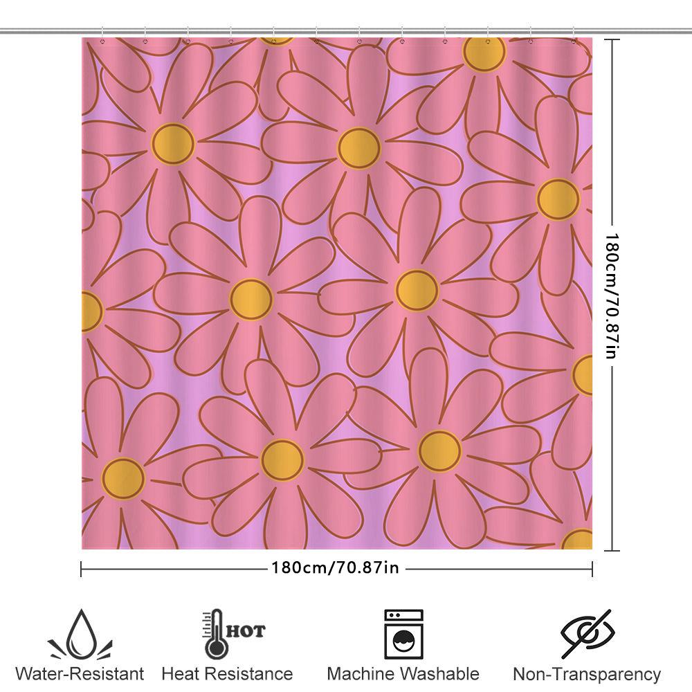 Colorful Bloom Shower Curtain Decor: Pink Daisy Flower Pattern For Bathroom Window Waterproof Fabric Home Decoration Set Include