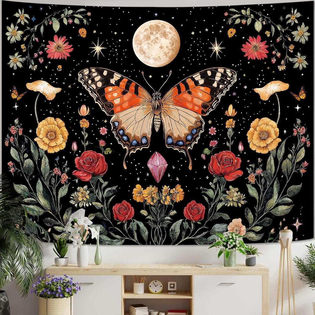 Butterfly Tapestry Moon Star Retro Floral Crystal Plant Aesthetic Tapestries for Bedroom Night Sky Room Decor Tapestries Wall