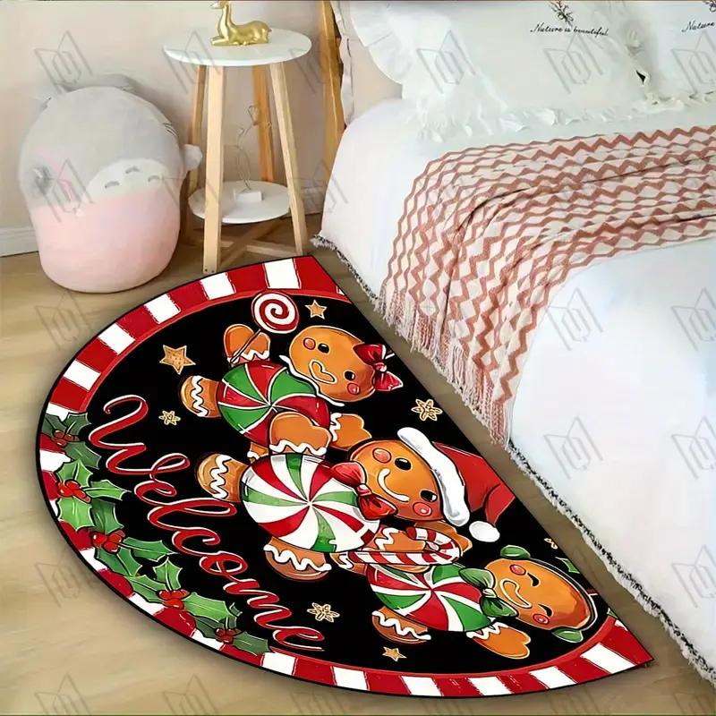 Christmas Gingerbread Man Welcome Doormat Easy-Clean Home Décor Semi-Circular Entrance Hall Doormat Indoor/Outdoor Rug