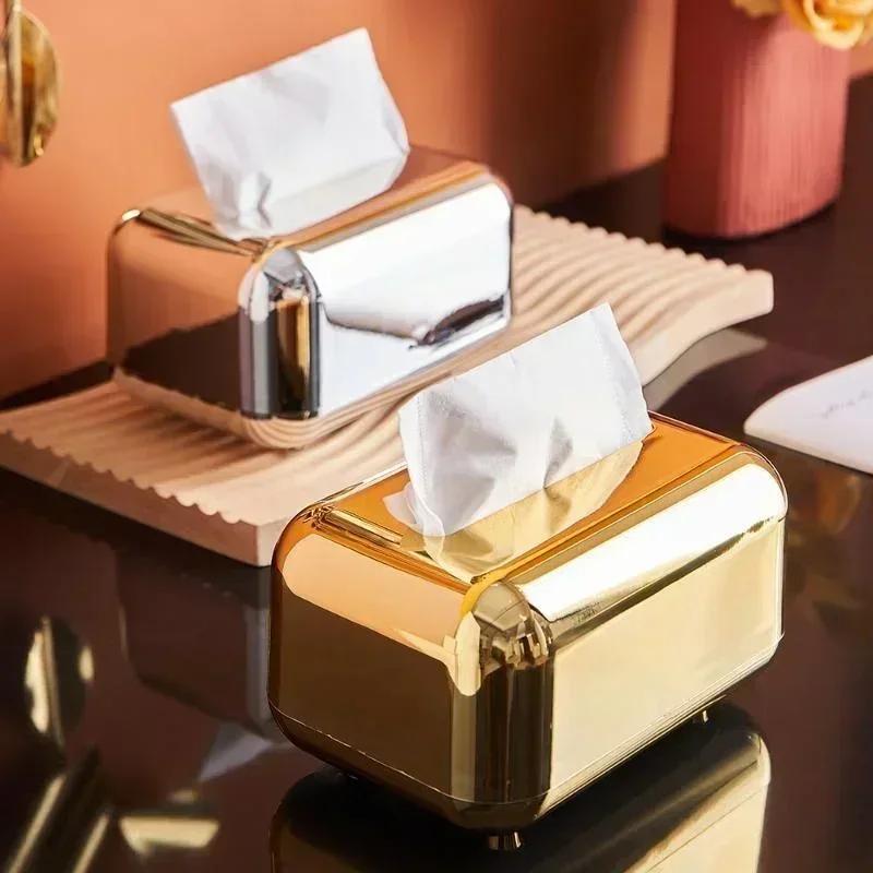 Household Fashion Golden Sliver Tissue Box Storage Napkin Holder Kitchen Tissue Box Paper Case Organizer Ornament Craft Desktop
