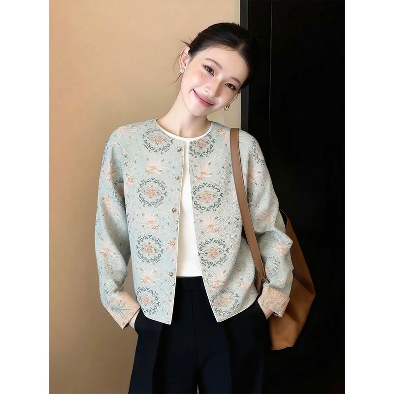 New Chinese-Style Printed Jacket for Women 2026 New Round-Neck Reversible Jacket French Retro Cardigan Top