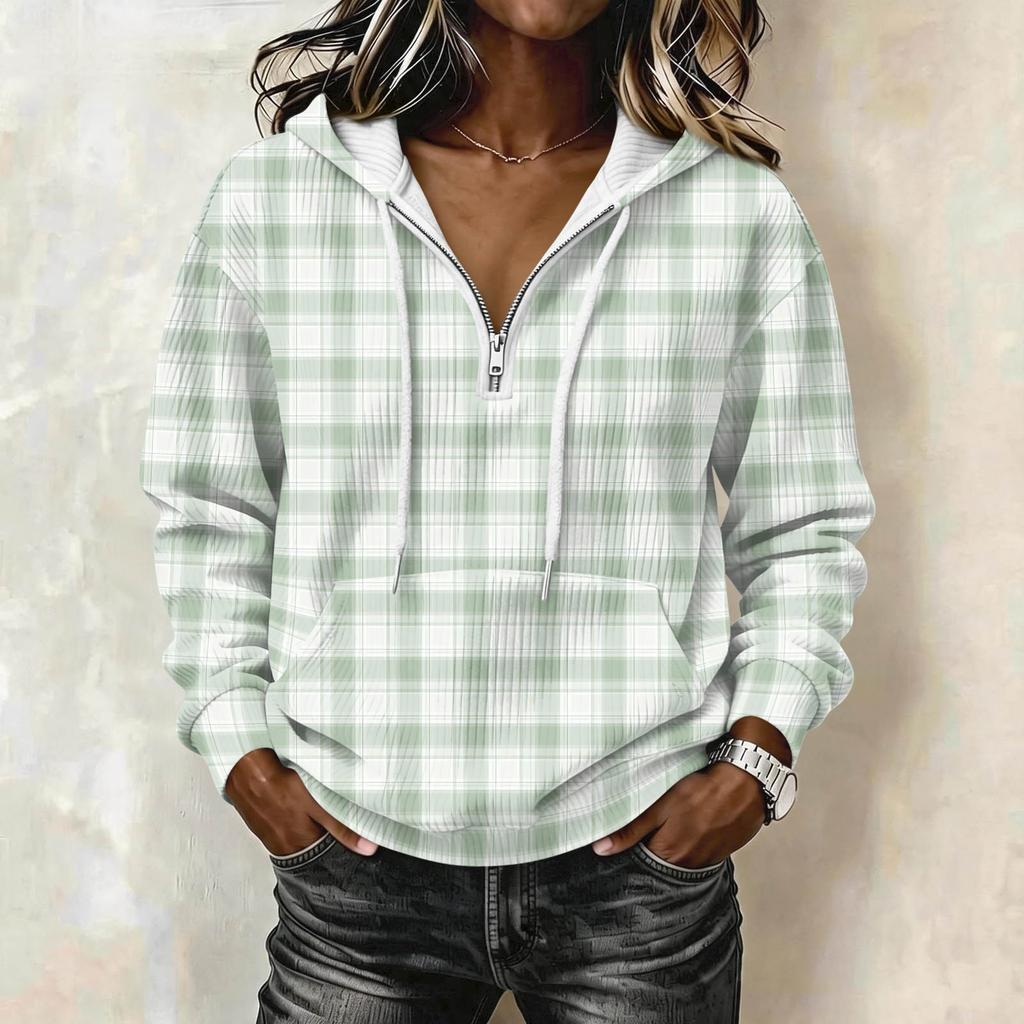 Women's Long Sleeve Pullover Hoodie with Plaid Print and Drawstring Casual Top