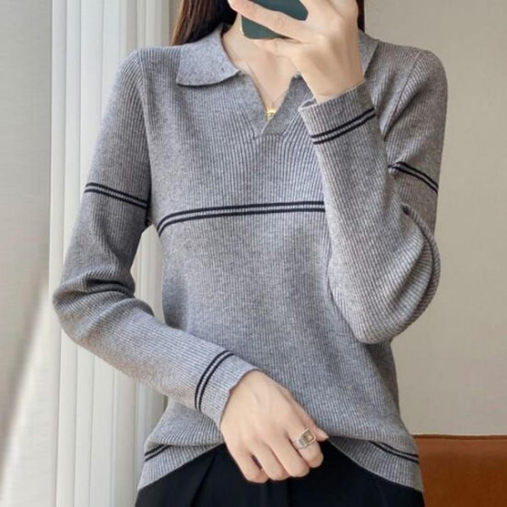 Navava Women Ribbed Collar Long Sleeve Knit Color Block Nk3304