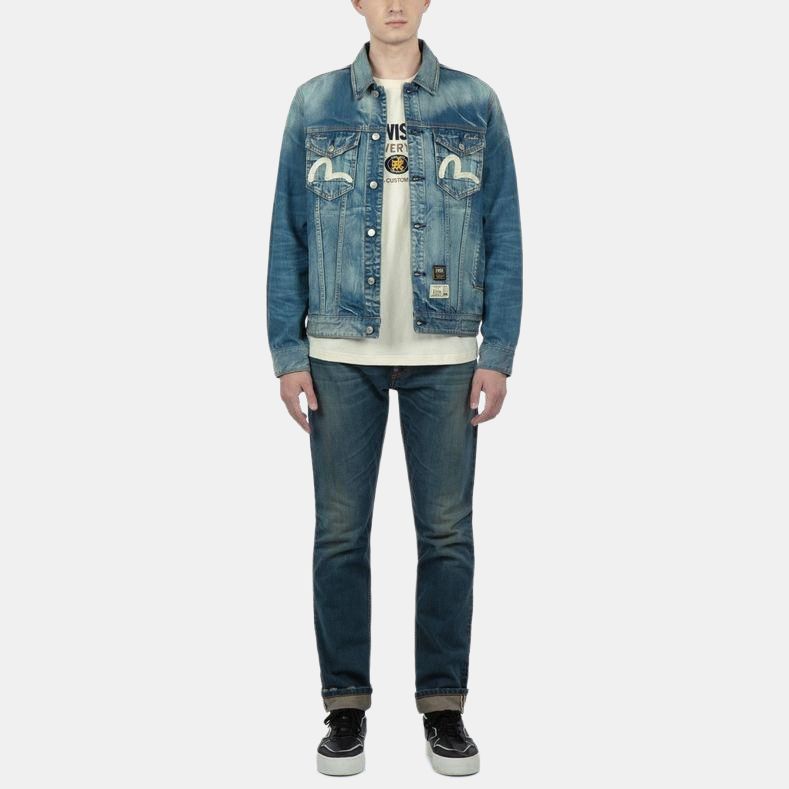 Evisu FW22 Letter Logo Printed Wash Single-Breasted Collar Denim Jacket Men Jackets Blue 2EAHTM2DJ716XXCT