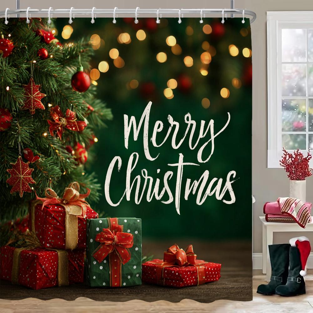 Merry Christmas Shower Curtain, Bathroom Decorative Shower Curtain, Home Decoration Christmas Gift Curtain with Hooks